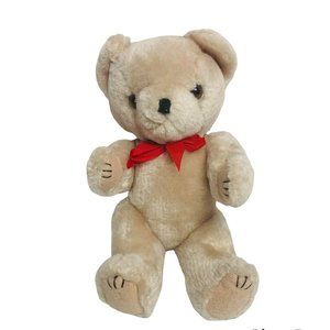 Wangs Jointed Plush Teddy Bear Beige Stuffed Animal Toy Vintage Red Bow 8”